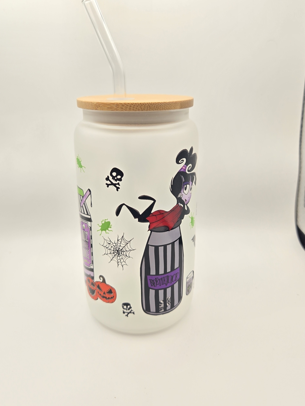 Halloween Beetle Juice-Themed Frosted Jar Tumbler with Straw 16oz - Picture 2 of 5